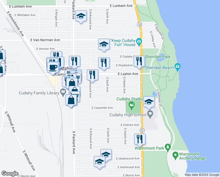 map of restaurants, bars, coffee shops, grocery stores, and more near 3808 East Barnard Avenue in Cudahy