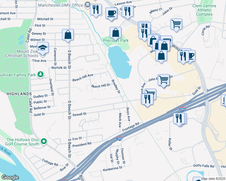 map of restaurants, bars, coffee shops, grocery stores, and more near 20 Sentinel Court in Manchester