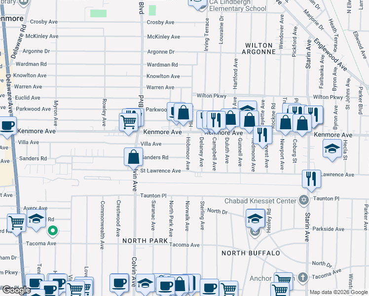 map of restaurants, bars, coffee shops, grocery stores, and more near 389 Sanders Road in Buffalo
