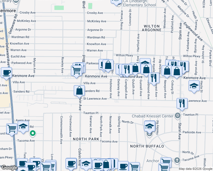 map of restaurants, bars, coffee shops, grocery stores, and more near 389 Sanders Road in Buffalo