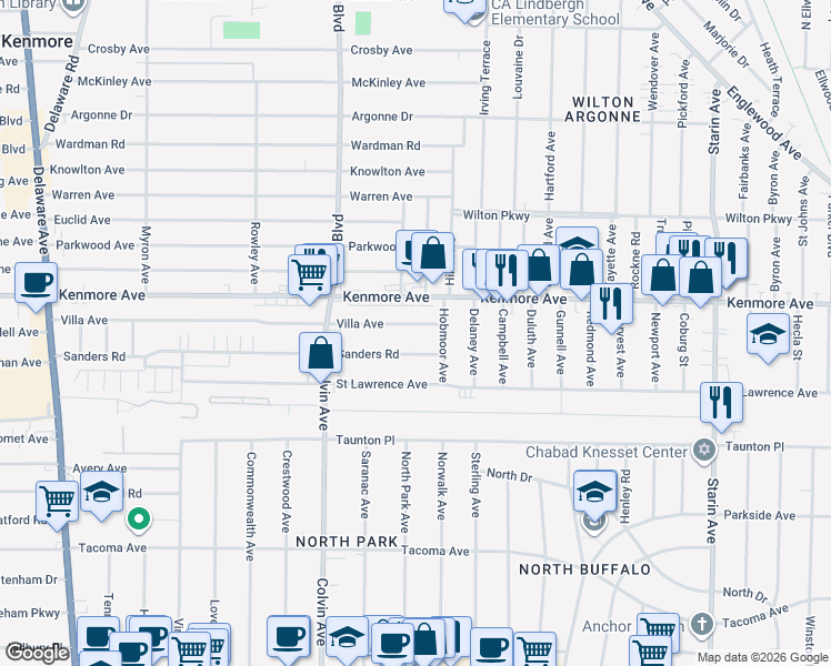 map of restaurants, bars, coffee shops, grocery stores, and more near 389 Sanders Road in Buffalo