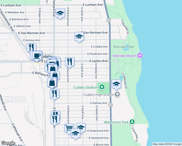 map of restaurants, bars, coffee shops, grocery stores, and more near 3853 East Barnard Avenue in Cudahy