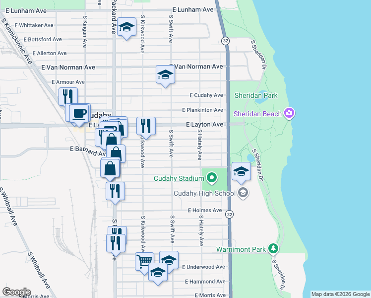 map of restaurants, bars, coffee shops, grocery stores, and more near 3853 East Barnard Avenue in Cudahy
