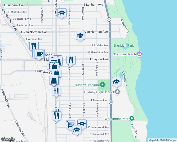 map of restaurants, bars, coffee shops, grocery stores, and more near 3853 East Barnard Avenue in Cudahy