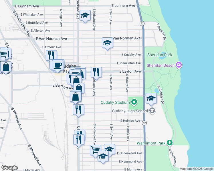 map of restaurants, bars, coffee shops, grocery stores, and more near 3801 East Barnard Avenue in Cudahy