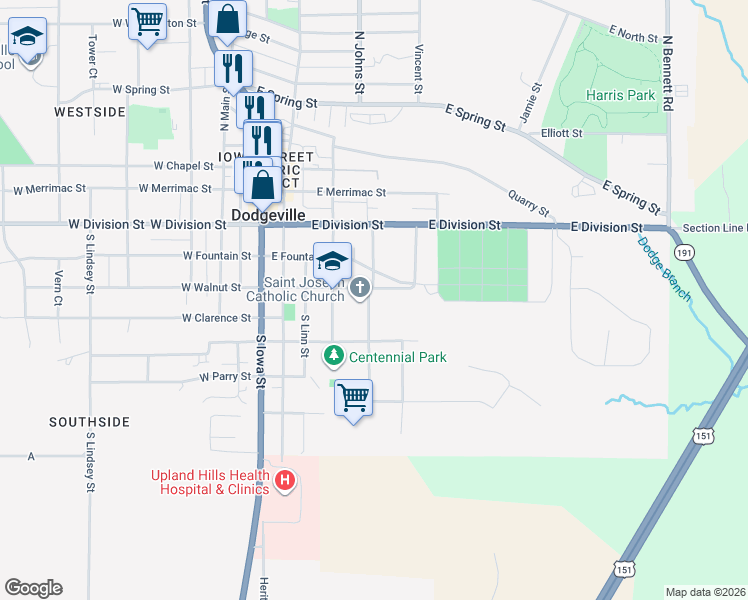 map of restaurants, bars, coffee shops, grocery stores, and more near 418 South Ellwood Street in Dodgeville