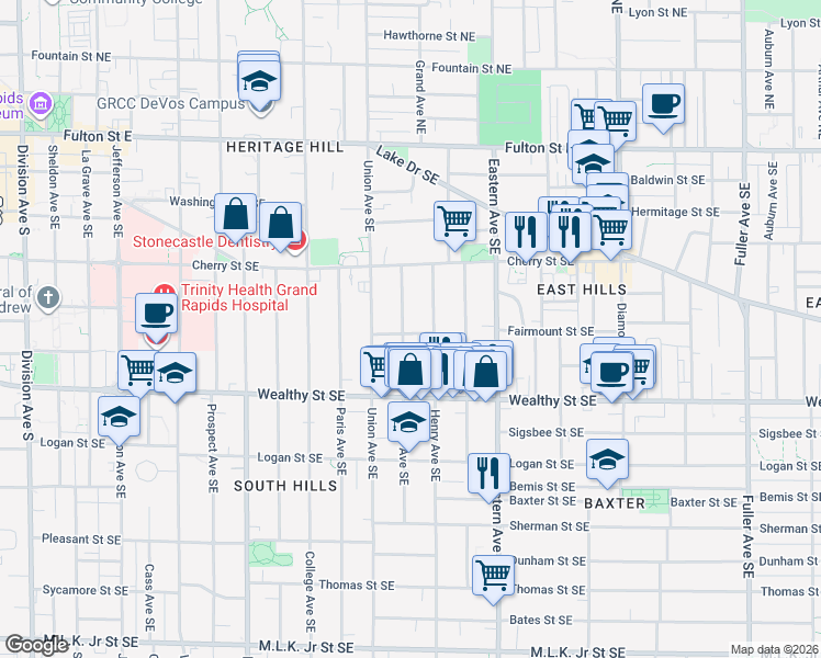 map of restaurants, bars, coffee shops, grocery stores, and more near 262 James Avenue Southeast in Grand Rapids