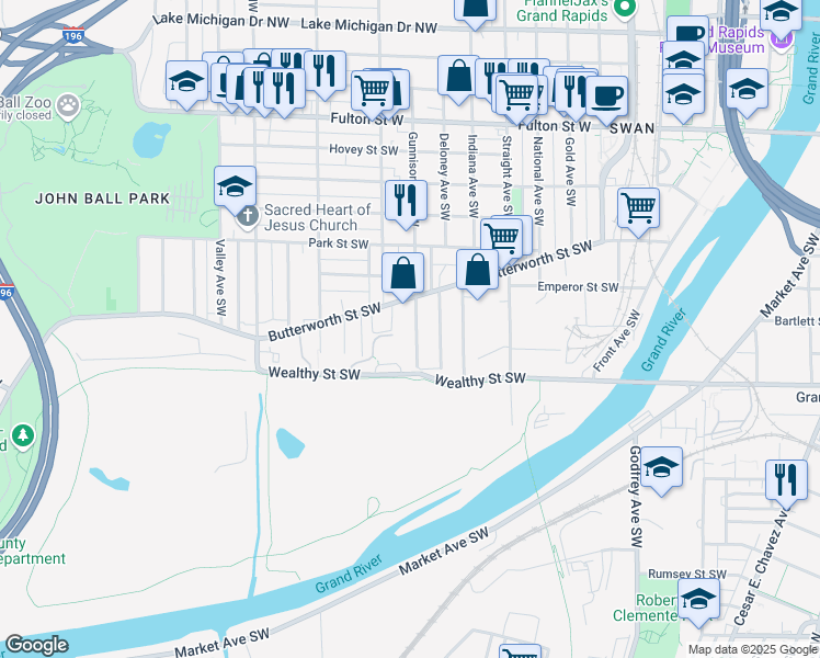 map of restaurants, bars, coffee shops, grocery stores, and more near 331 Gunnison Avenue Southwest in Grand Rapids