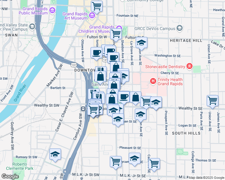 map of restaurants, bars, coffee shops, grocery stores, and more near 303 Division Avenue South in Grand Rapids