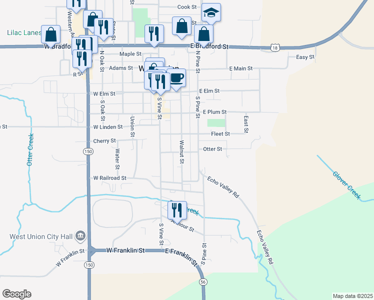 map of restaurants, bars, coffee shops, grocery stores, and more near 399-547 Walnut St in West Union