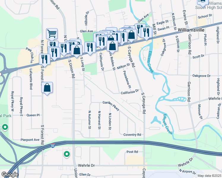map of restaurants, bars, coffee shops, grocery stores, and more near 165 California Drive in Buffalo