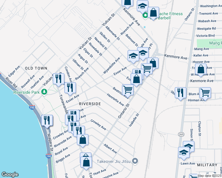 map of restaurants, bars, coffee shops, grocery stores, and more near 63 Henrietta Avenue in Buffalo