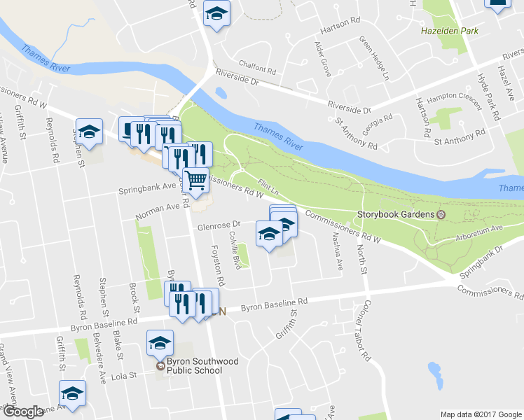 map of restaurants, bars, coffee shops, grocery stores, and more near 364 Glenrose Drive in London