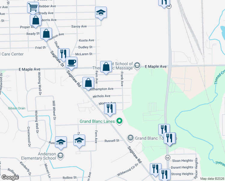 map of restaurants, bars, coffee shops, grocery stores, and more near 2332 Nichols Avenue in Flint
