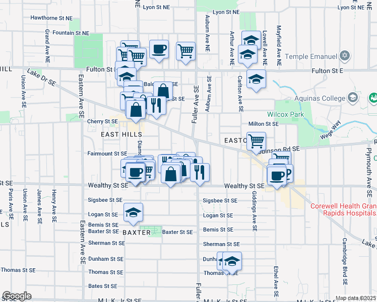 map of restaurants, bars, coffee shops, grocery stores, and more near 313 Orchard Hill Street Southeast in Grand Rapids