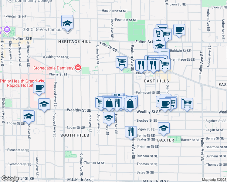 map of restaurants, bars, coffee shops, grocery stores, and more near 316 Henry Avenue Southeast in Grand Rapids
