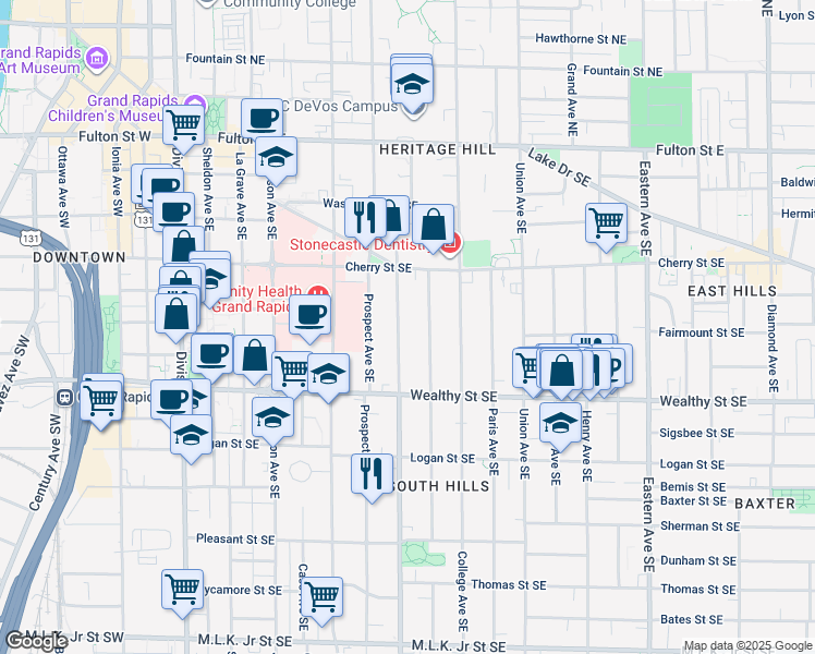 map of restaurants, bars, coffee shops, grocery stores, and more near 314 Madison Avenue Southeast in Grand Rapids