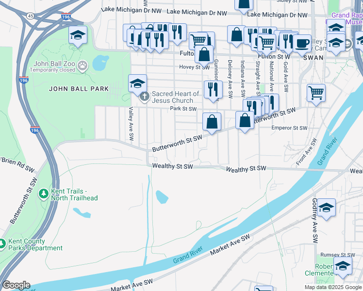 map of restaurants, bars, coffee shops, grocery stores, and more near 332 Fransman Place Southwest in Grand Rapids