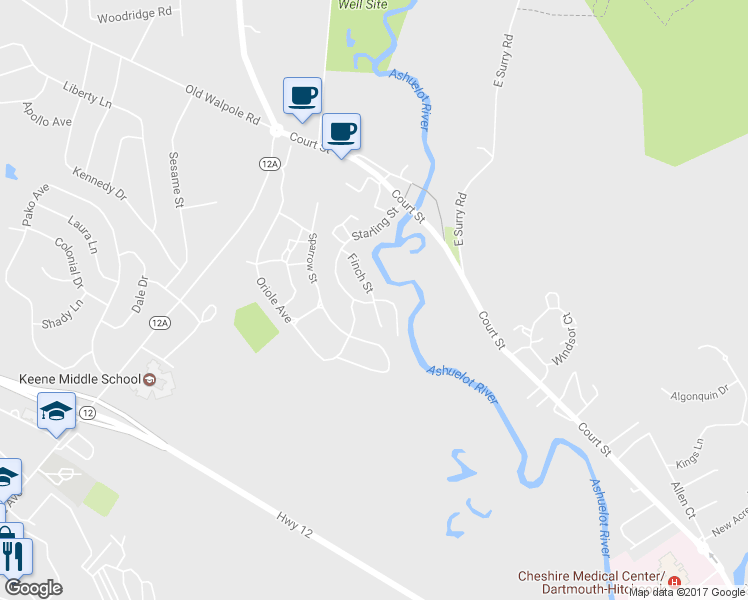 map of restaurants, bars, coffee shops, grocery stores, and more near 45 Starling Street in Keene