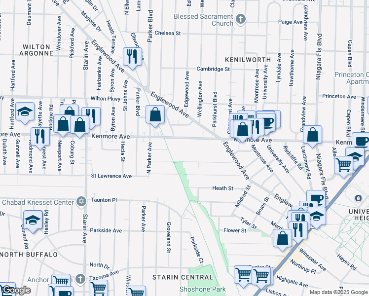 map of restaurants, bars, coffee shops, grocery stores, and more near 400 Kenmore Avenue in Buffalo