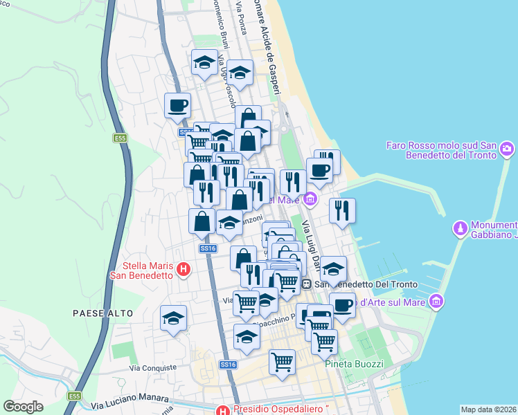 map of restaurants, bars, coffee shops, grocery stores, and more near 33 Via Marsala in San Benedetto del Tronto