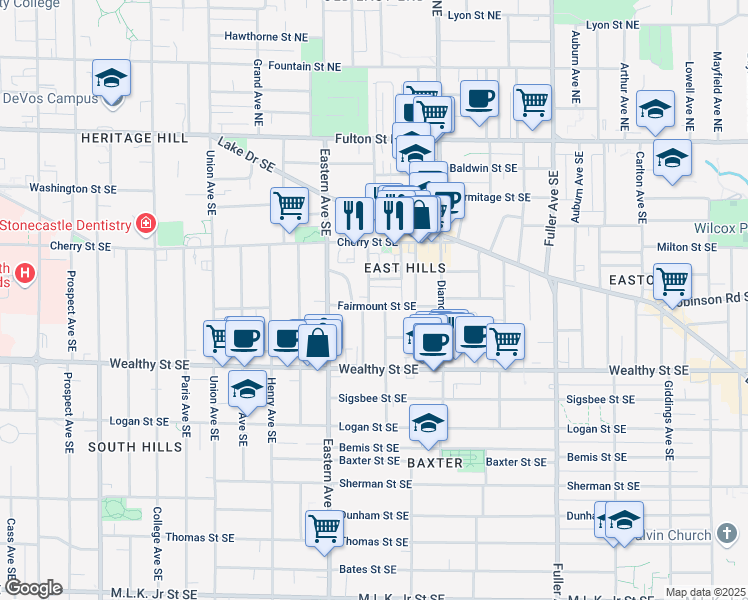 map of restaurants, bars, coffee shops, grocery stores, and more near 264 Hollister Avenue Southeast in Grand Rapids