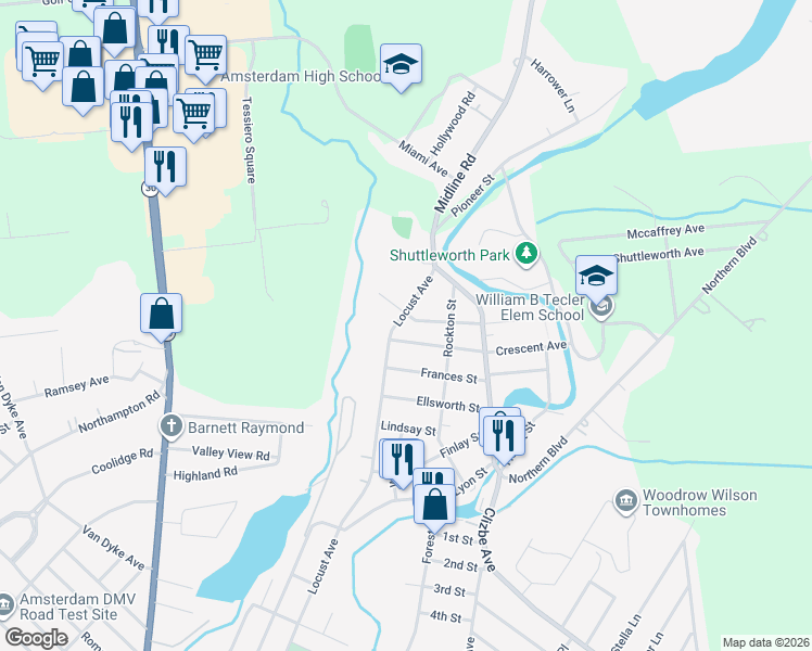map of restaurants, bars, coffee shops, grocery stores, and more near 427 Locust Avenue in Amsterdam