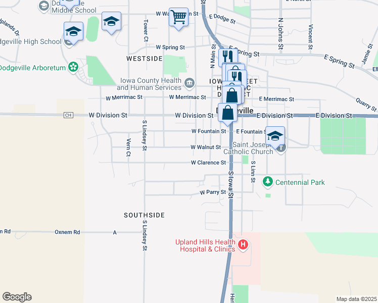 map of restaurants, bars, coffee shops, grocery stores, and more near 302 West Clarence Street in Dodgeville
