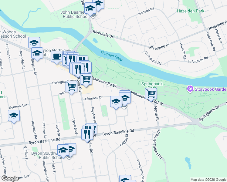 map of restaurants, bars, coffee shops, grocery stores, and more near 1180 Commissioners Road West in London