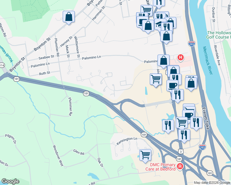 map of restaurants, bars, coffee shops, grocery stores, and more near 44 Briston Court in Bedford