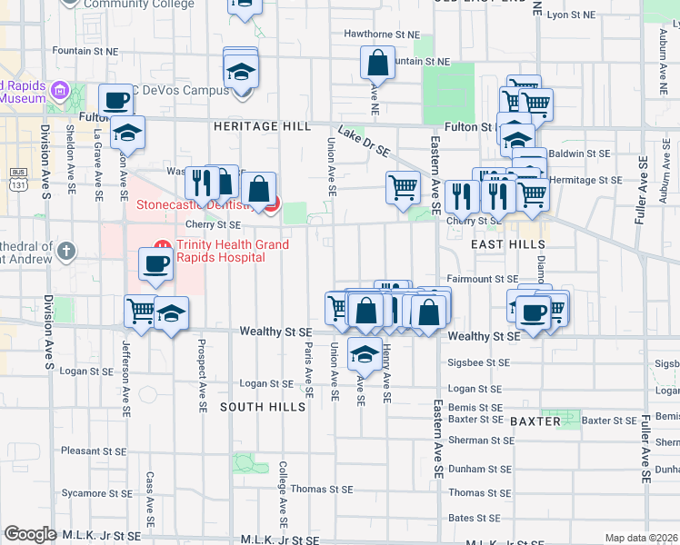 map of restaurants, bars, coffee shops, grocery stores, and more near 229 Union Avenue Southeast in Grand Rapids