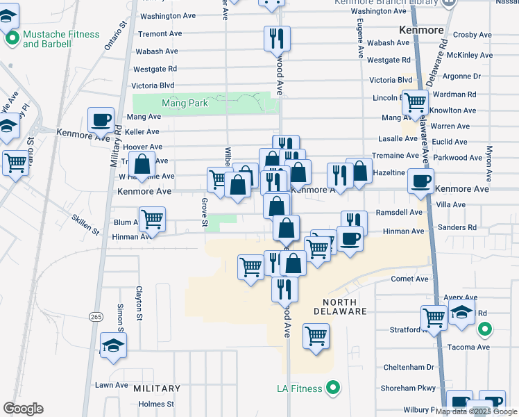 map of restaurants, bars, coffee shops, grocery stores, and more near 1686 Kenmore Avenue in Buffalo