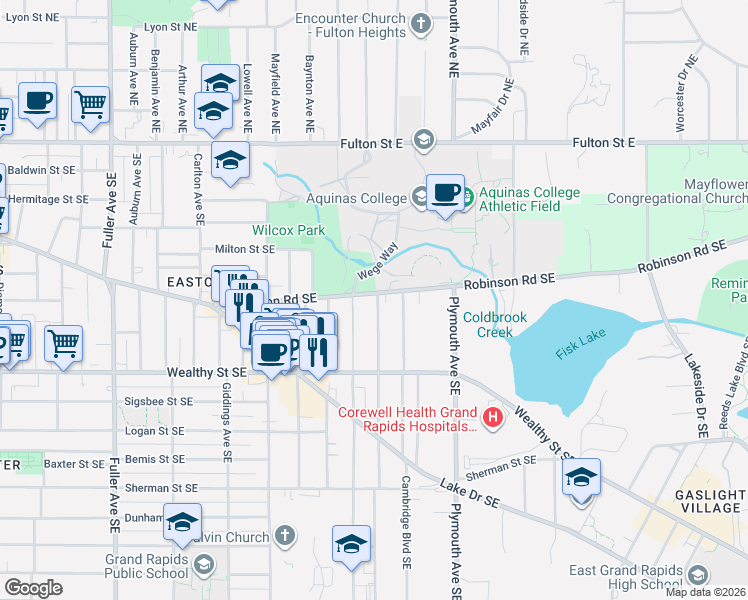 map of restaurants, bars, coffee shops, grocery stores, and more near in Grand Rapids