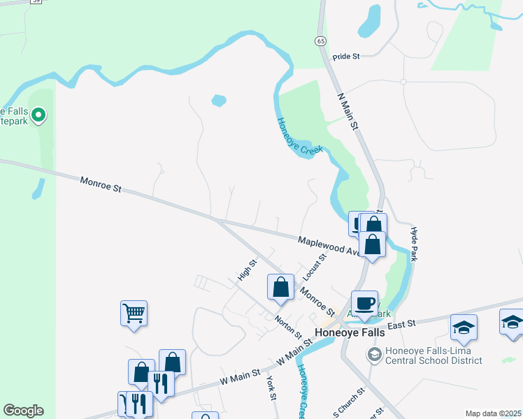 map of restaurants, bars, coffee shops, grocery stores, and more near 53 Maplewood Avenue in Honeoye Falls