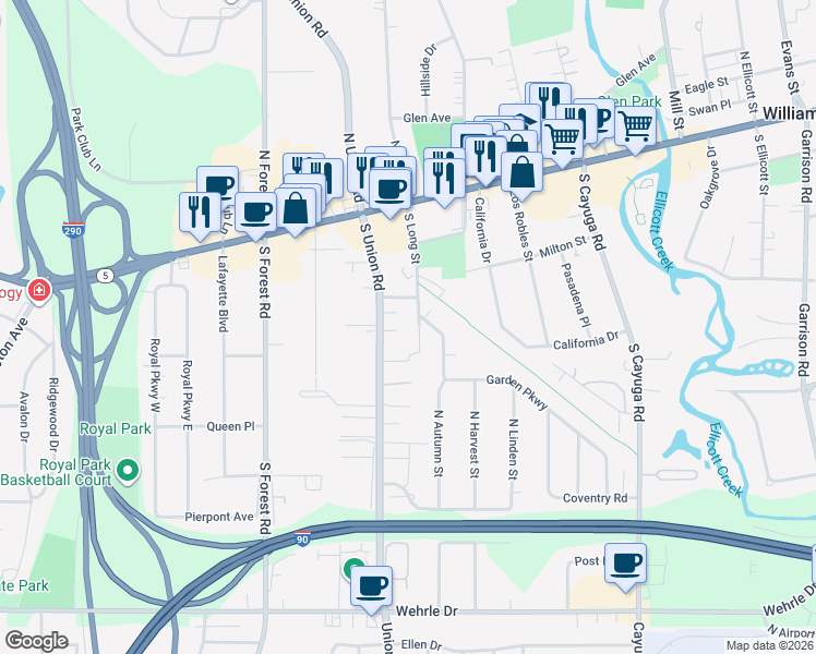 map of restaurants, bars, coffee shops, grocery stores, and more near 100 South Long Street in Buffalo