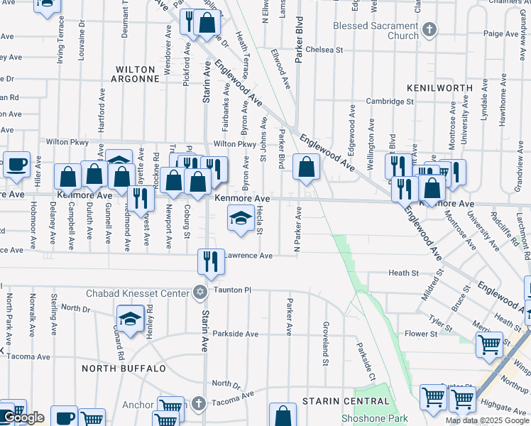 map of restaurants, bars, coffee shops, grocery stores, and more near 593 Kenmore Avenue in Buffalo