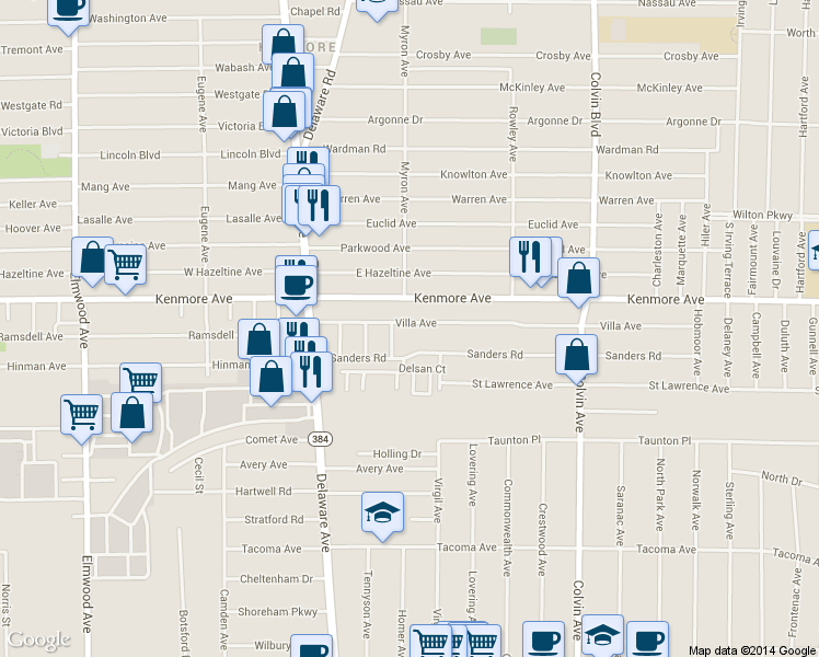 map of restaurants, bars, coffee shops, grocery stores, and more near 1284 Kenmore Avenue in Buffalo