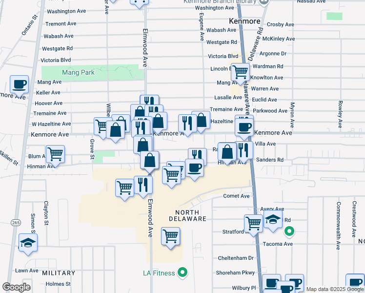 map of restaurants, bars, coffee shops, grocery stores, and more near 1534 Kenmore Avenue in Buffalo