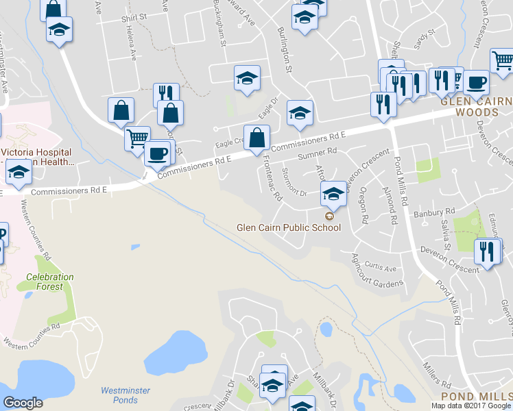 map of restaurants, bars, coffee shops, grocery stores, and more near 21 Frontenac Road in London