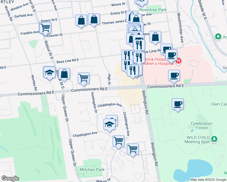 map of restaurants, bars, coffee shops, grocery stores, and more near 35 Adare Crescent in London