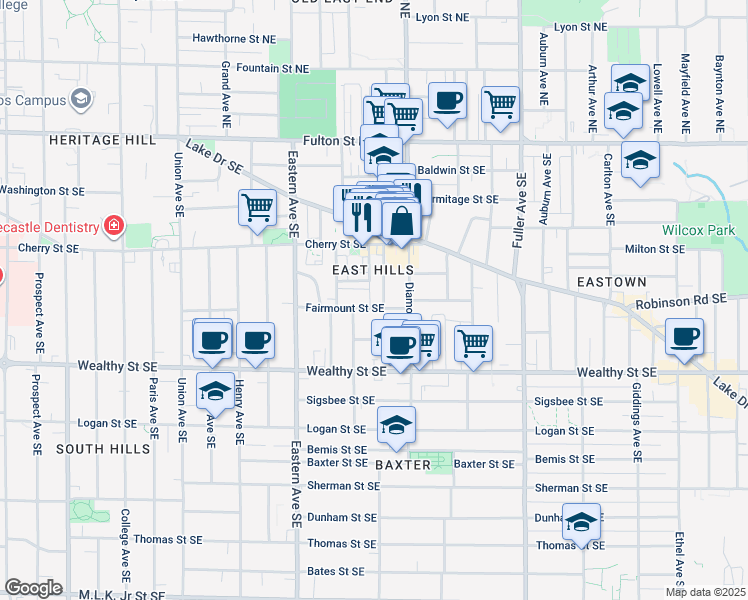 map of restaurants, bars, coffee shops, grocery stores, and more near 232 Warren Avenue Southeast in Grand Rapids