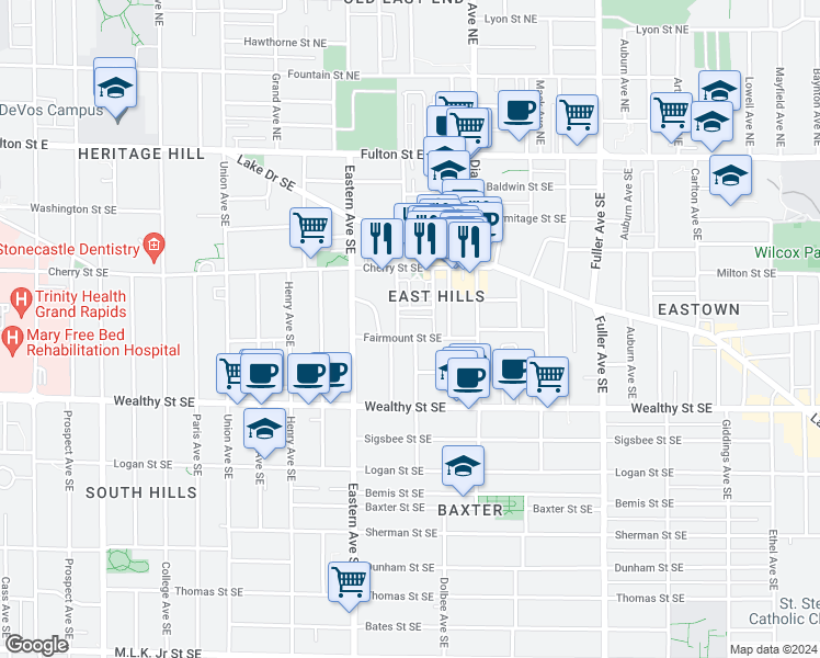map of restaurants, bars, coffee shops, grocery stores, and more near 913 Blodgett Street Southeast in Grand Rapids