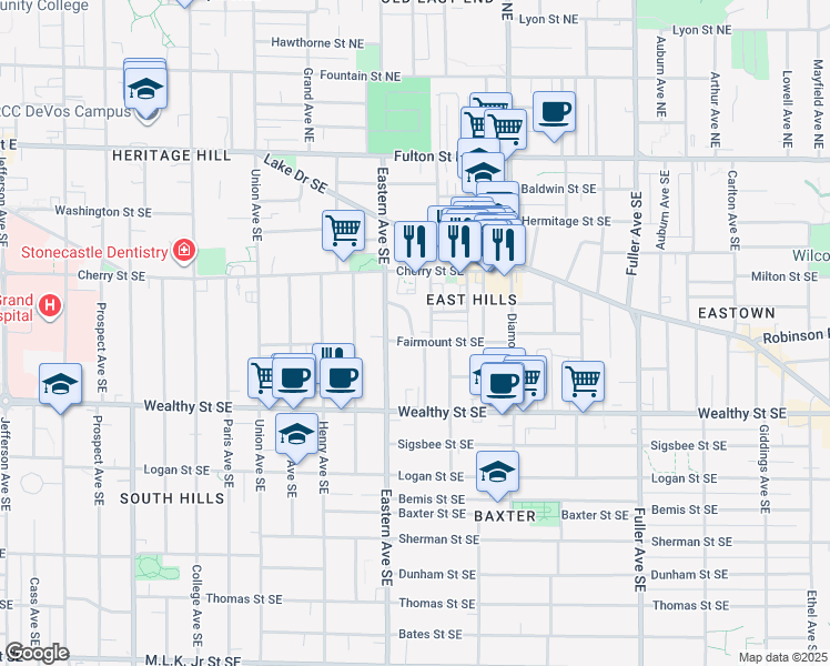 map of restaurants, bars, coffee shops, grocery stores, and more near 220 Wellington Avenue Southeast in Grand Rapids