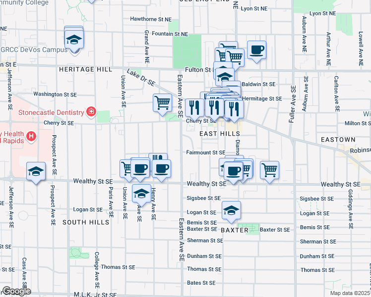 map of restaurants, bars, coffee shops, grocery stores, and more near 220 Wellington Avenue Southeast in Grand Rapids