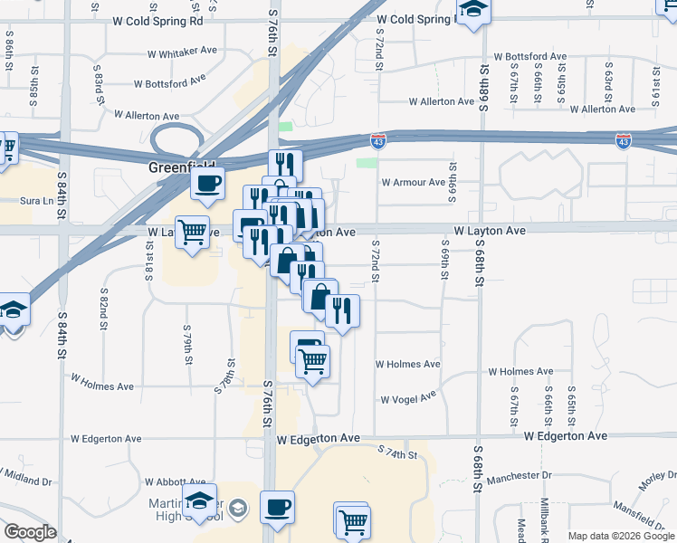 map of restaurants, bars, coffee shops, grocery stores, and more near 7313 West Squire Avenue in Greenfield
