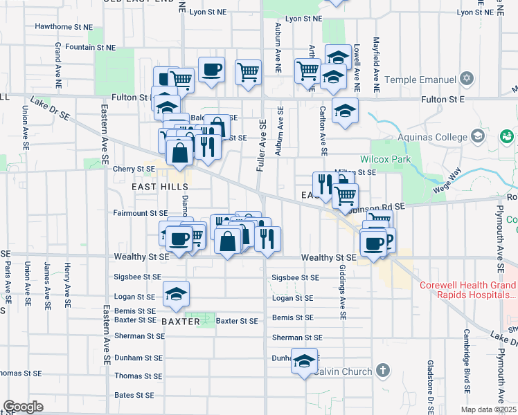 map of restaurants, bars, coffee shops, grocery stores, and more near 253 Fuller Avenue Southeast in Grand Rapids