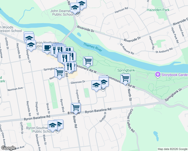 map of restaurants, bars, coffee shops, grocery stores, and more near 1180 Commissioners Road West in London