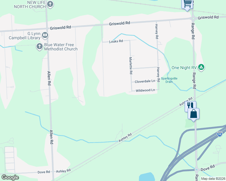 map of restaurants, bars, coffee shops, grocery stores, and more near 1760 Leland Road in Smiths Creek
