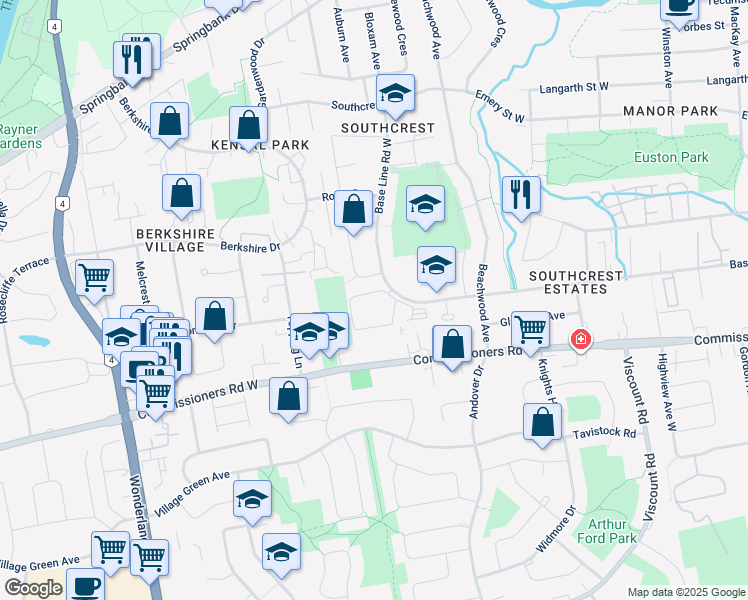 map of restaurants, bars, coffee shops, grocery stores, and more near 301 Base Line Road West in London