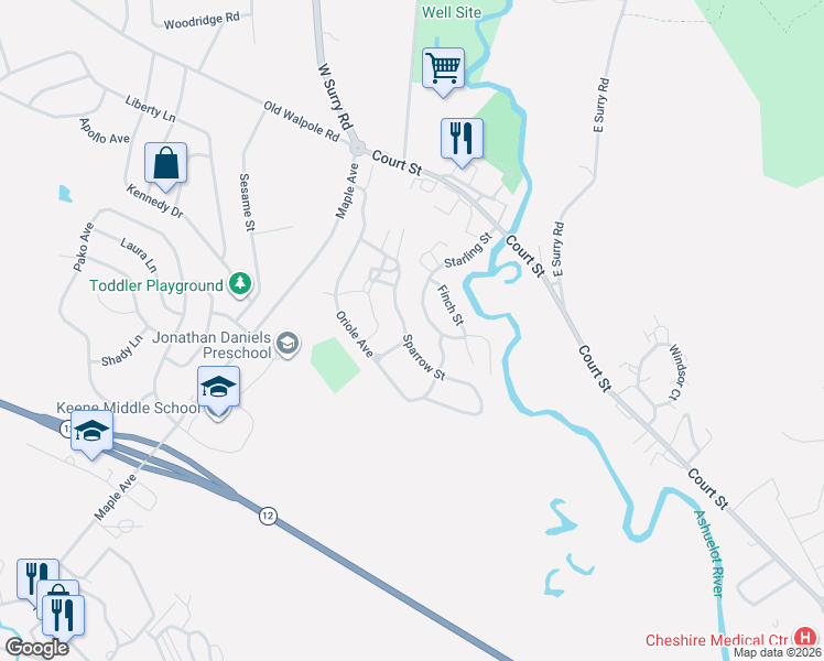 map of restaurants, bars, coffee shops, grocery stores, and more near 29 Sparrow Street in Keene